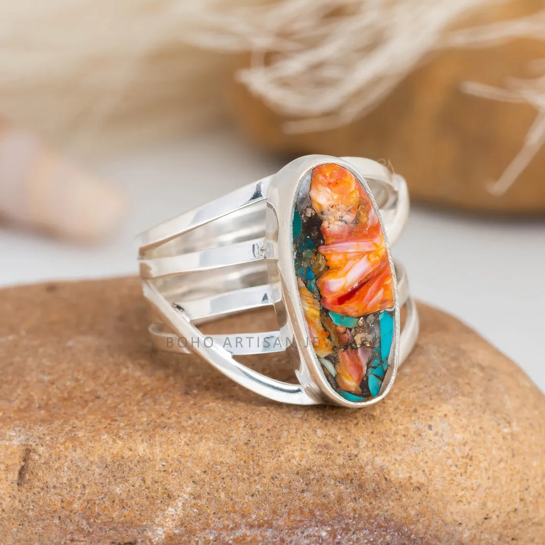 Oyster Copper Turquoise Ring: Handmade 925 Sterling Silver Boho Jewelry