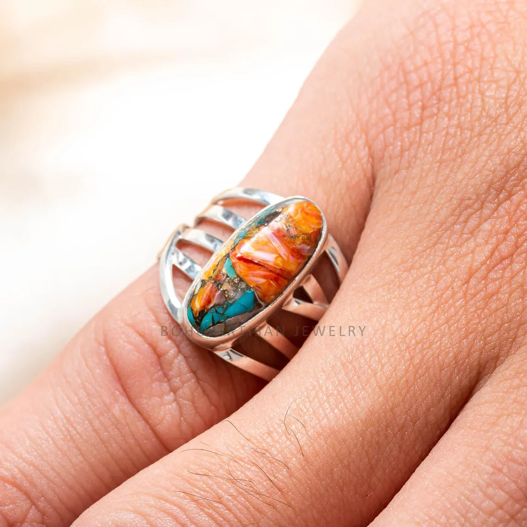 Oyster Copper Turquoise Ring: Handmade 925 Sterling Silver Boho Jewelry