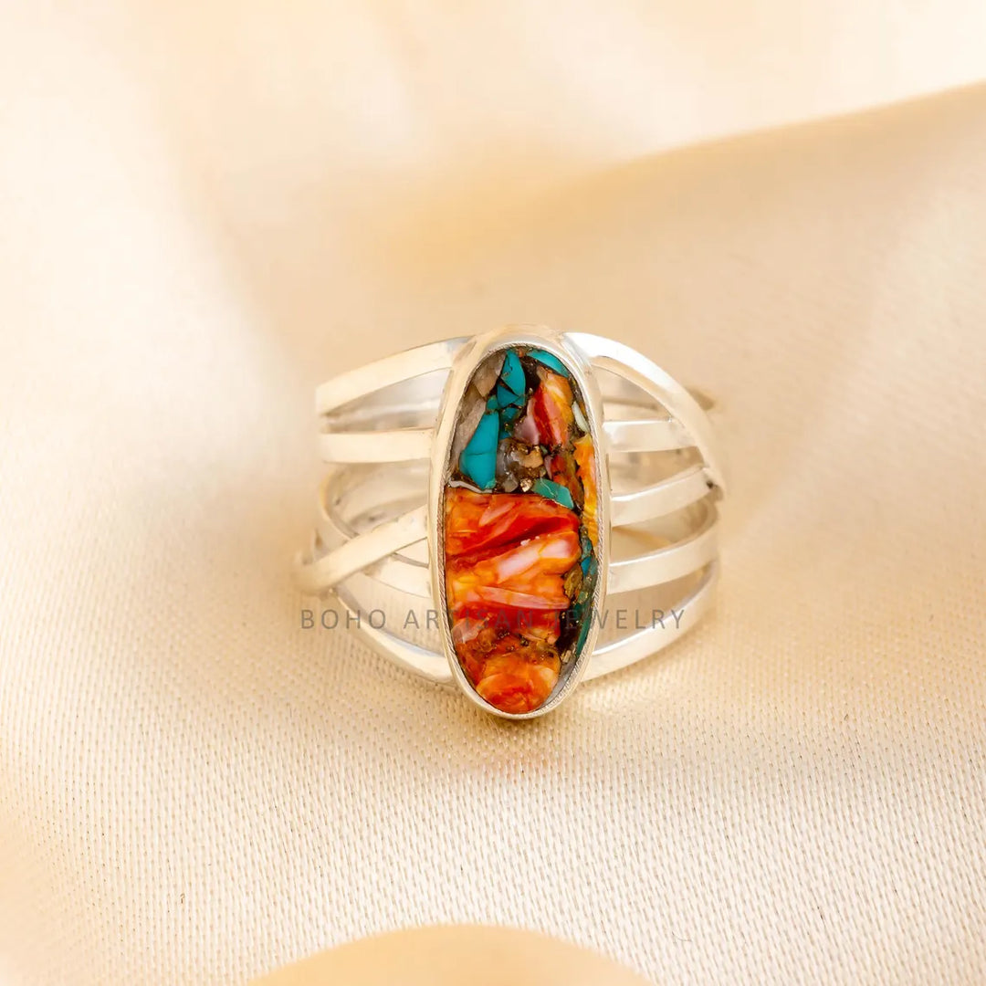 Oyster Copper Turquoise Ring: Handmade 925 Sterling Silver Boho Jewelry