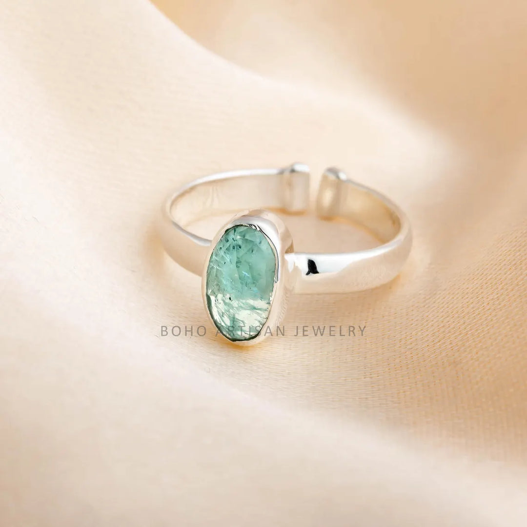 Raw Aquamarine Rose Cut Ring: Sterling Silver Boho Jewelry