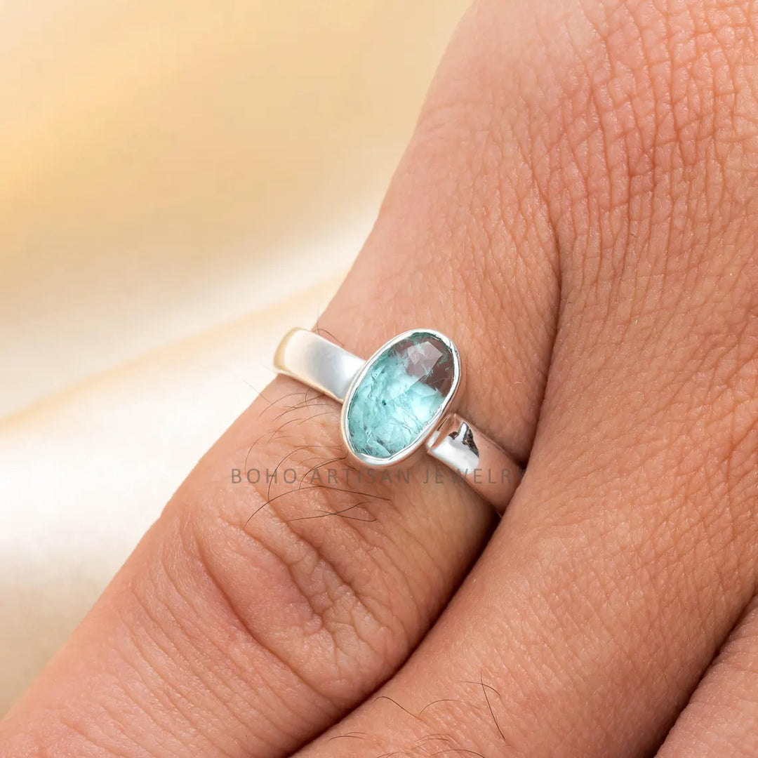 Raw Aquamarine Rose Cut Ring: Sterling Silver Boho Jewelry