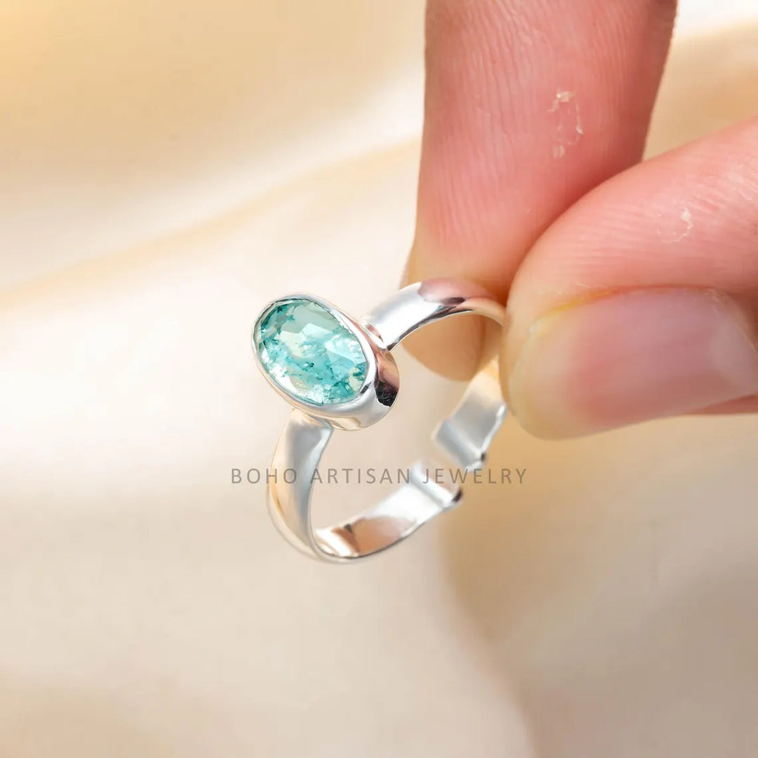 Raw Aquamarine Rose Cut Ring: Sterling Silver Boho Jewelry