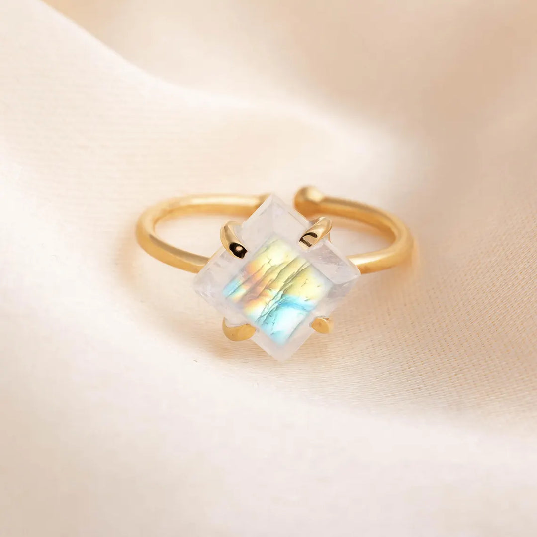 Rainbow Moonstone Gold Ring, 14K Gold Plated Ring, Adjustable Ring, Handmade Ring, Blue Fire Moonstone, July Birthstone, Gift For Women