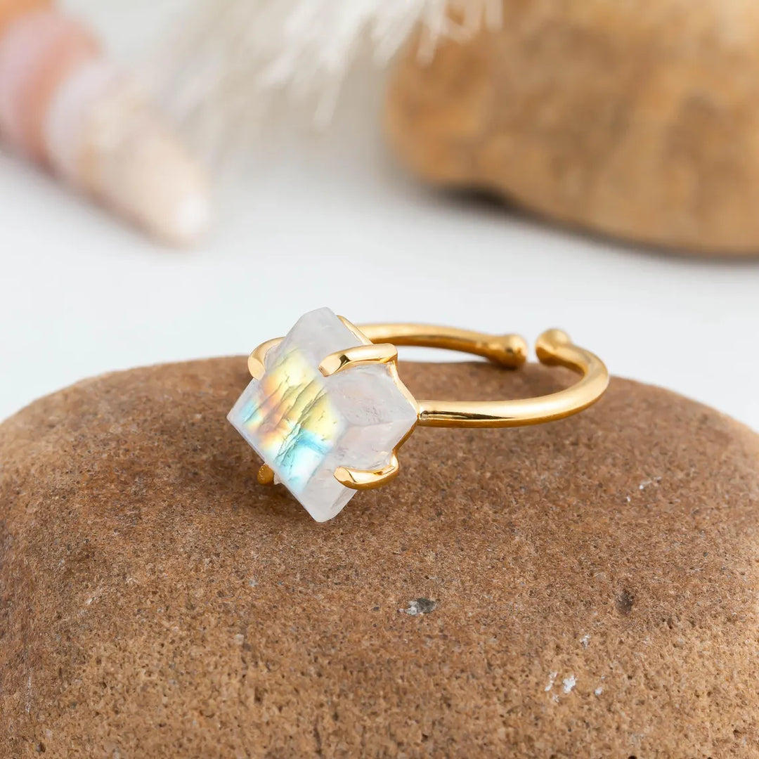 Rainbow Moonstone Gold Ring, 14K Gold Plated Ring, Adjustable Ring, Handmade Ring, Blue Fire Moonstone, July Birthstone, Gift For Women