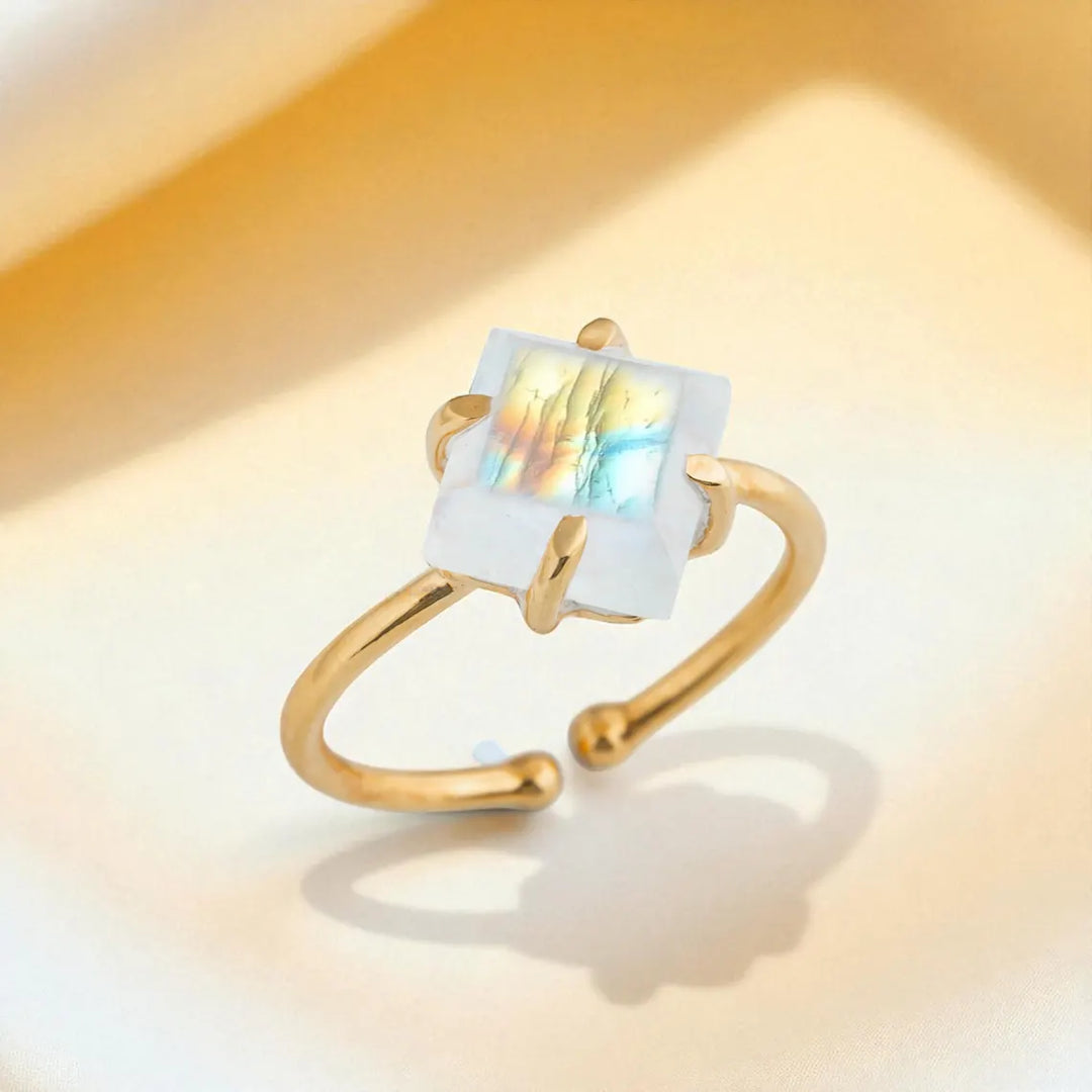 Rainbow Moonstone Gold Ring, 14K Gold Plated Ring, Adjustable Ring, Handmade Ring, Blue Fire Moonstone, July Birthstone, Gift For Women