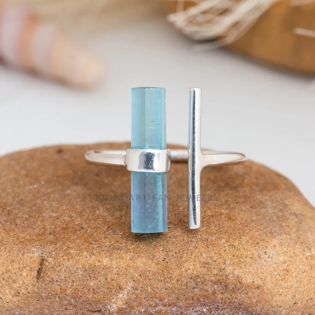 Raw Aquamarine Bar Ring: 925 Sterling Silver Adjustable Band