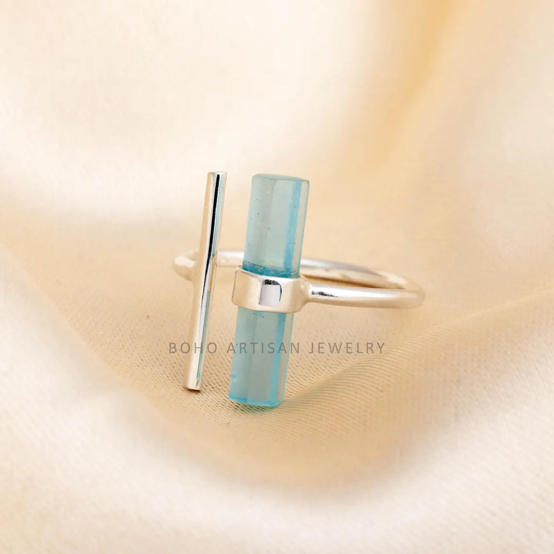 Raw Aquamarine Bar Ring: 925 Sterling Silver Adjustable Band