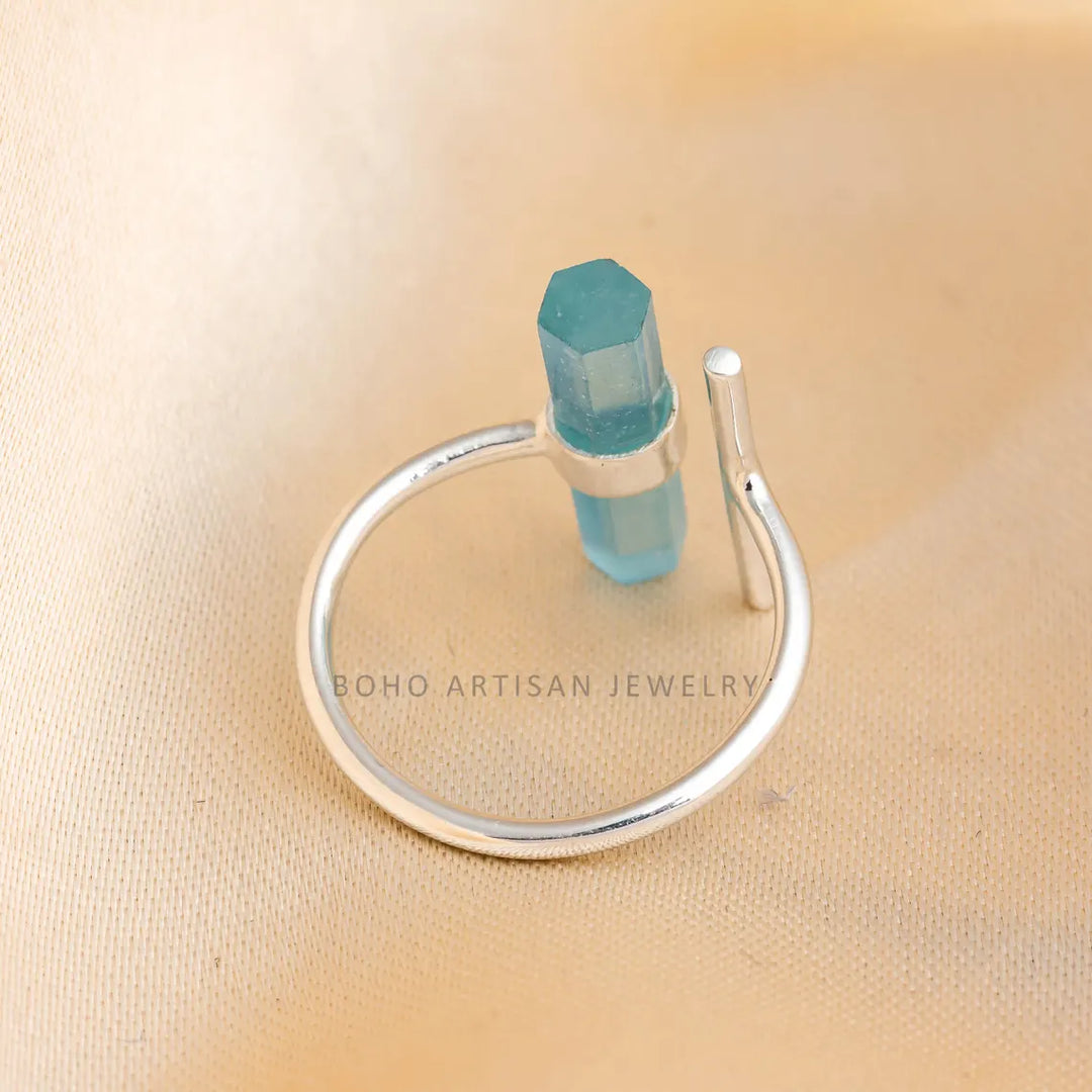 Raw Aquamarine Bar Ring: 925 Sterling Silver Adjustable Band