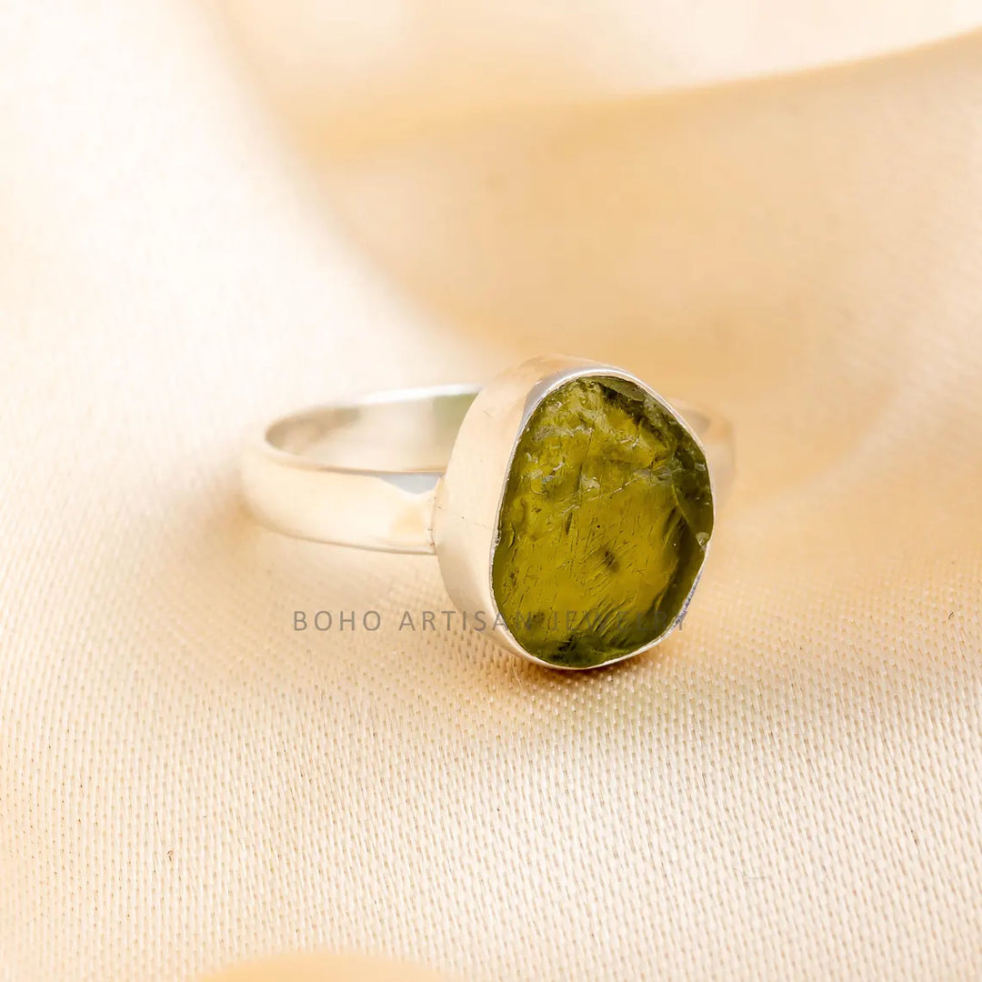 Raw Peridot Ring: 925 Sterling Silver, Boho Statement Jewelry
