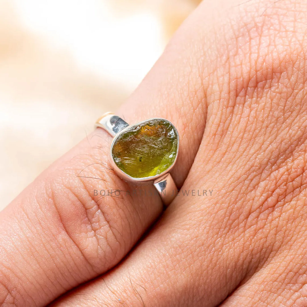 Raw Peridot Ring: 925 Sterling Silver, Boho Statement Jewelry