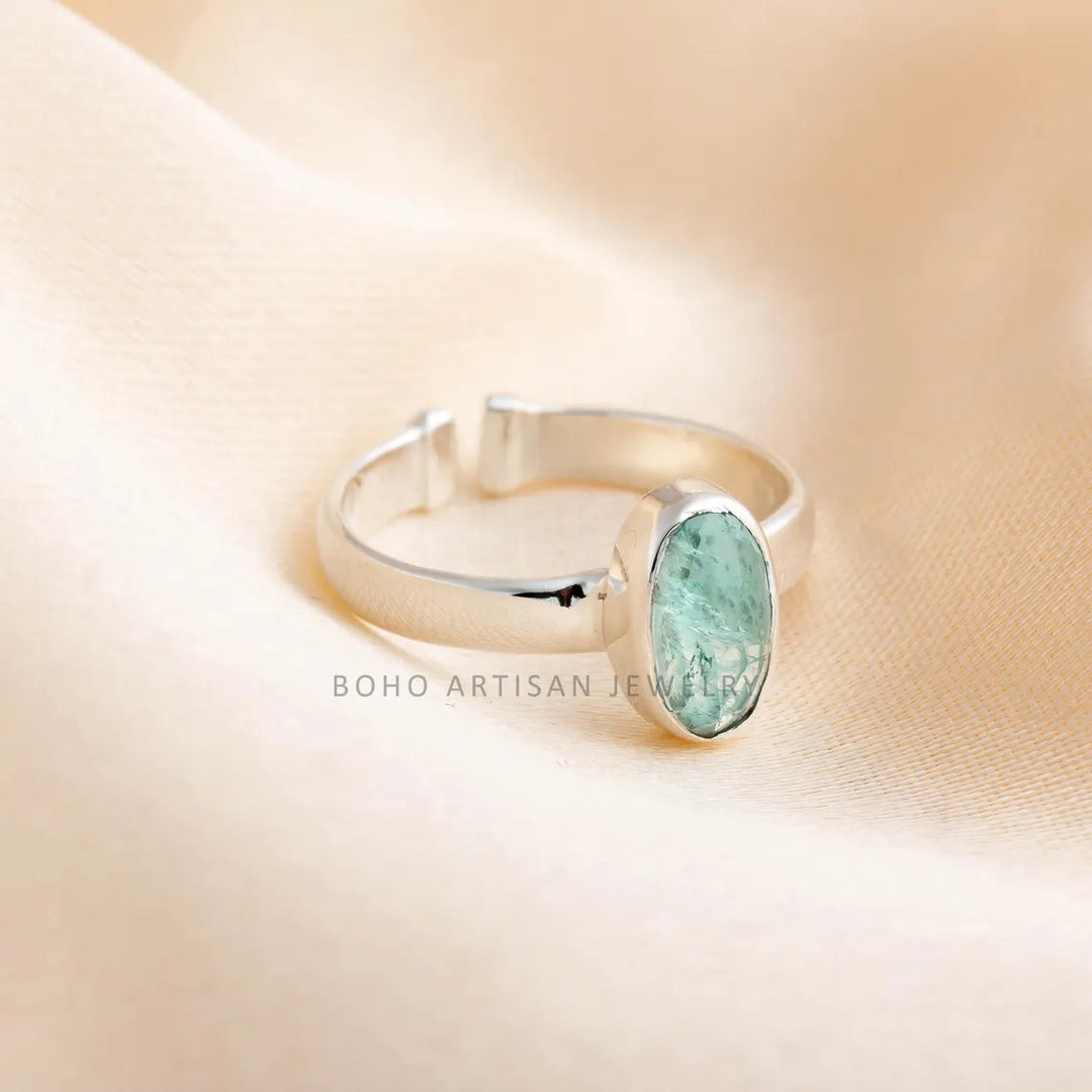 Raw Aquamarine Rose Cut Ring: Sterling Silver Boho Jewelry