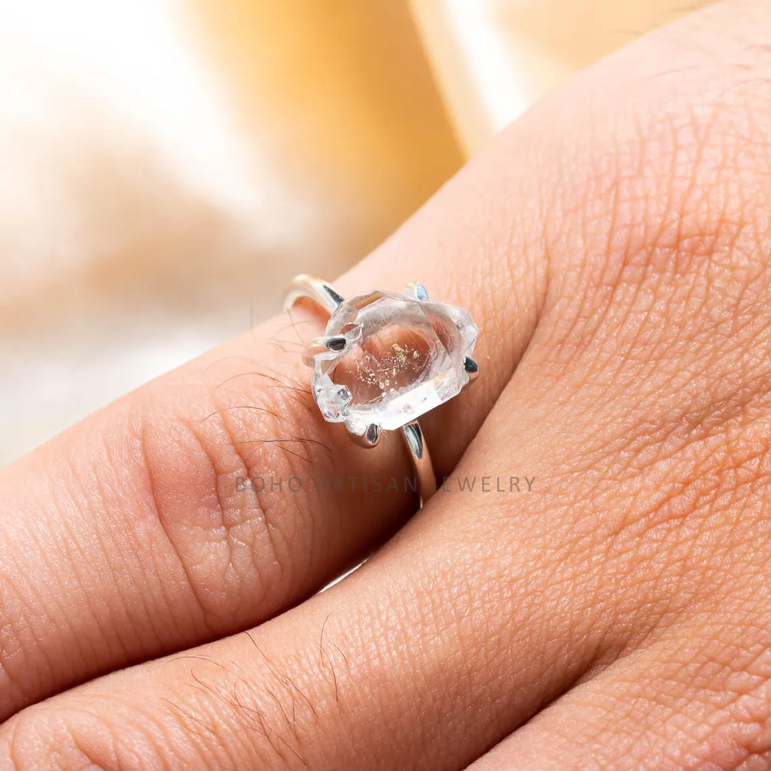 Raw Herkimer Diamond Ring: 925 Sterling Silver, Handmade Boho Jewelry