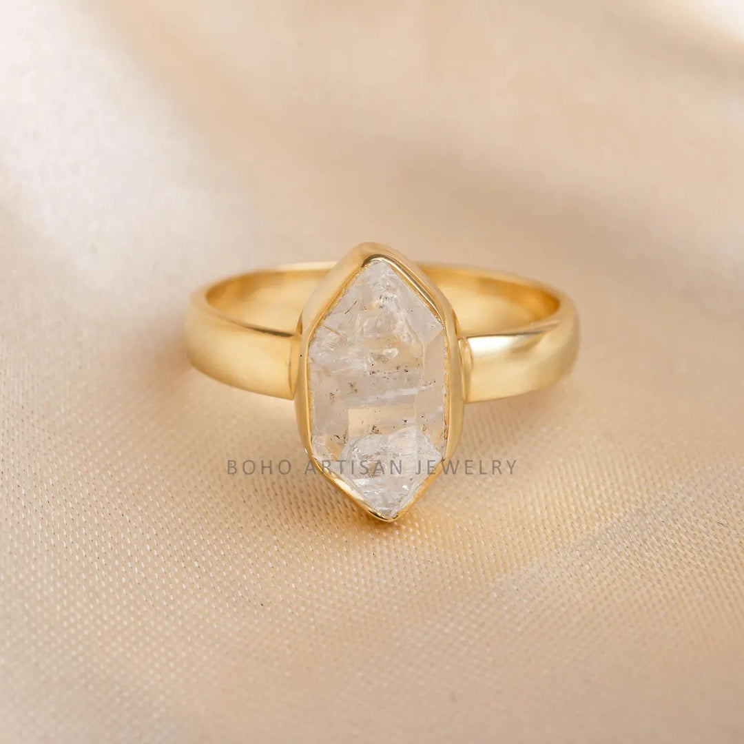 14k Gold Herkimer Diamond with Chevron Ring, Gold Plated Ring, Handmade Crystal Jewelry, Engagement Ring, Uncut Diamond Ring, Gift For Her