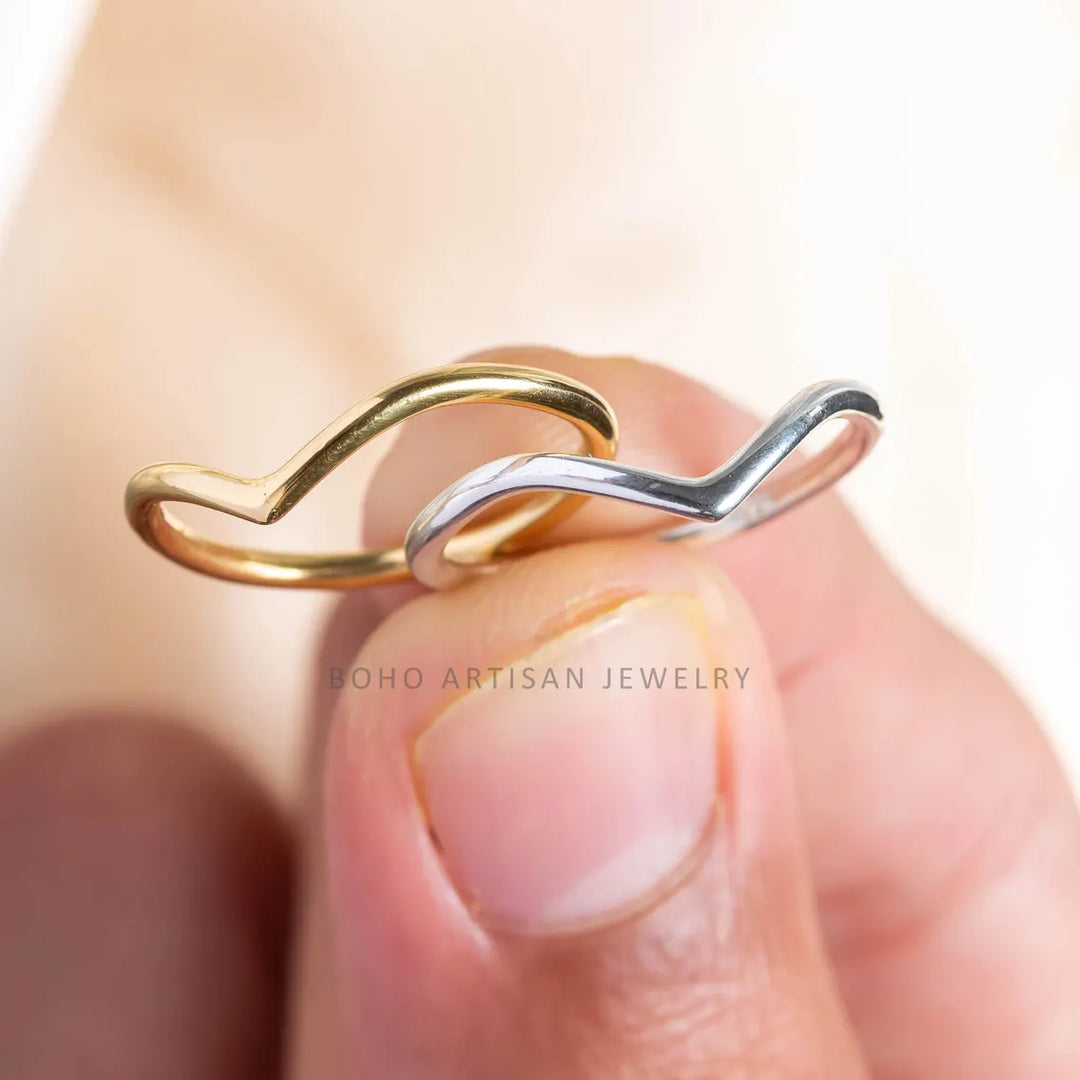 Dainty 14k Gold Chevron Ring: Sterling Silver V Band, Minimalist Stacking Jewelry