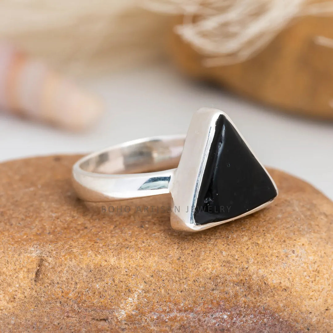 Triangle Black Agate Ring: Handmade 925 Sterling Silver Boho Jewelry