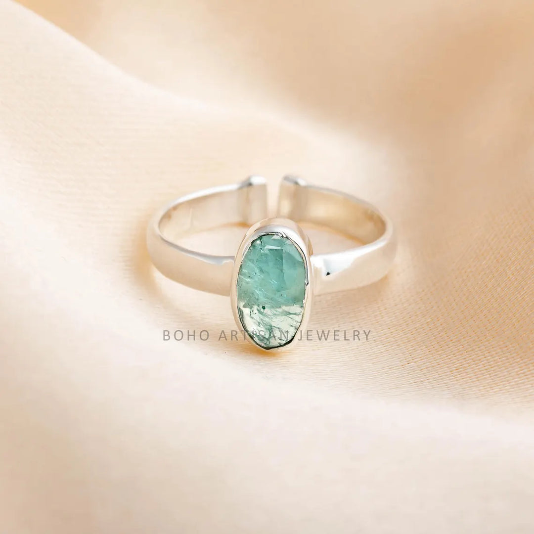 Raw Aquamarine Rose Cut Ring: Sterling Silver Boho Jewelry