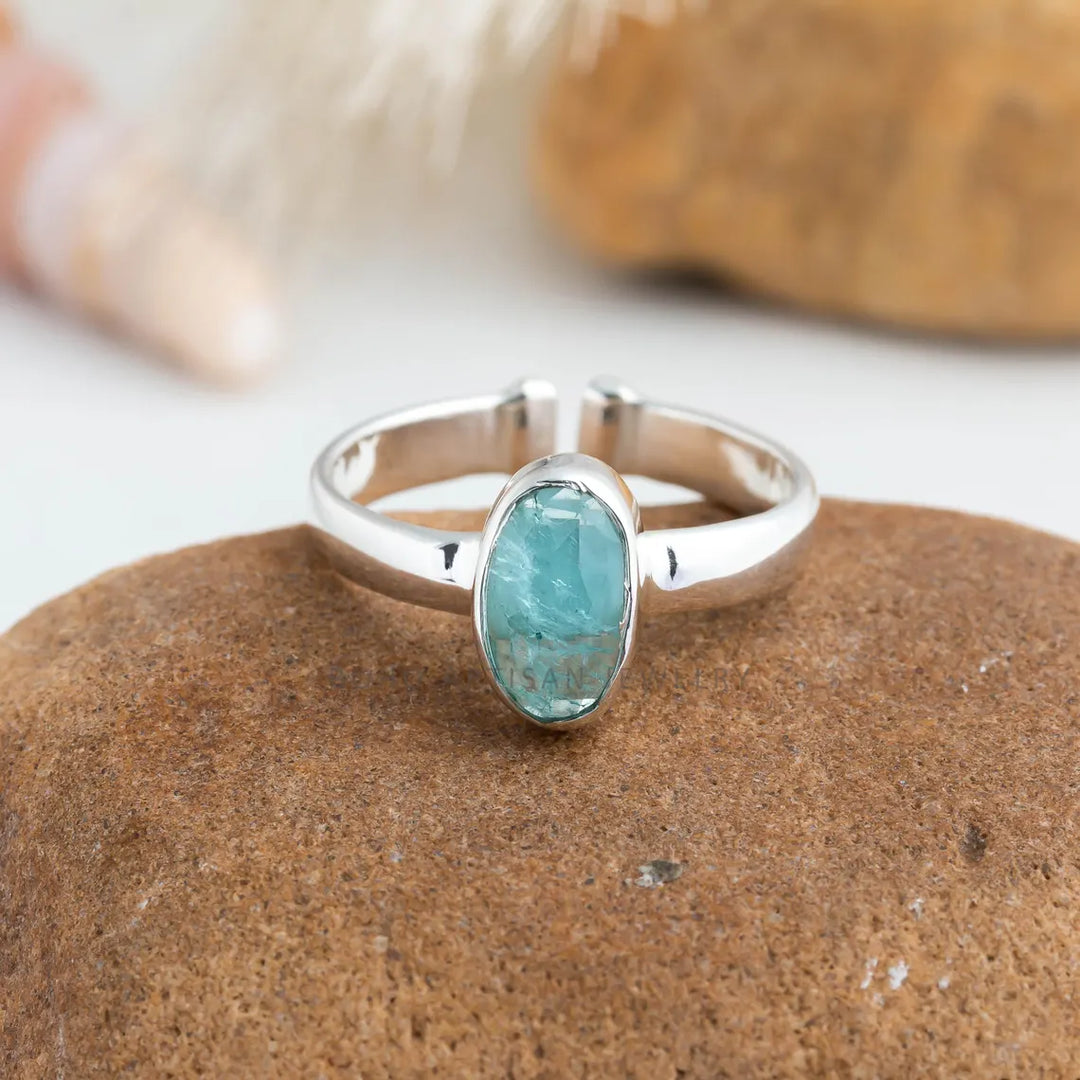 Raw Aquamarine Rose Cut Ring: Sterling Silver Boho Jewelry