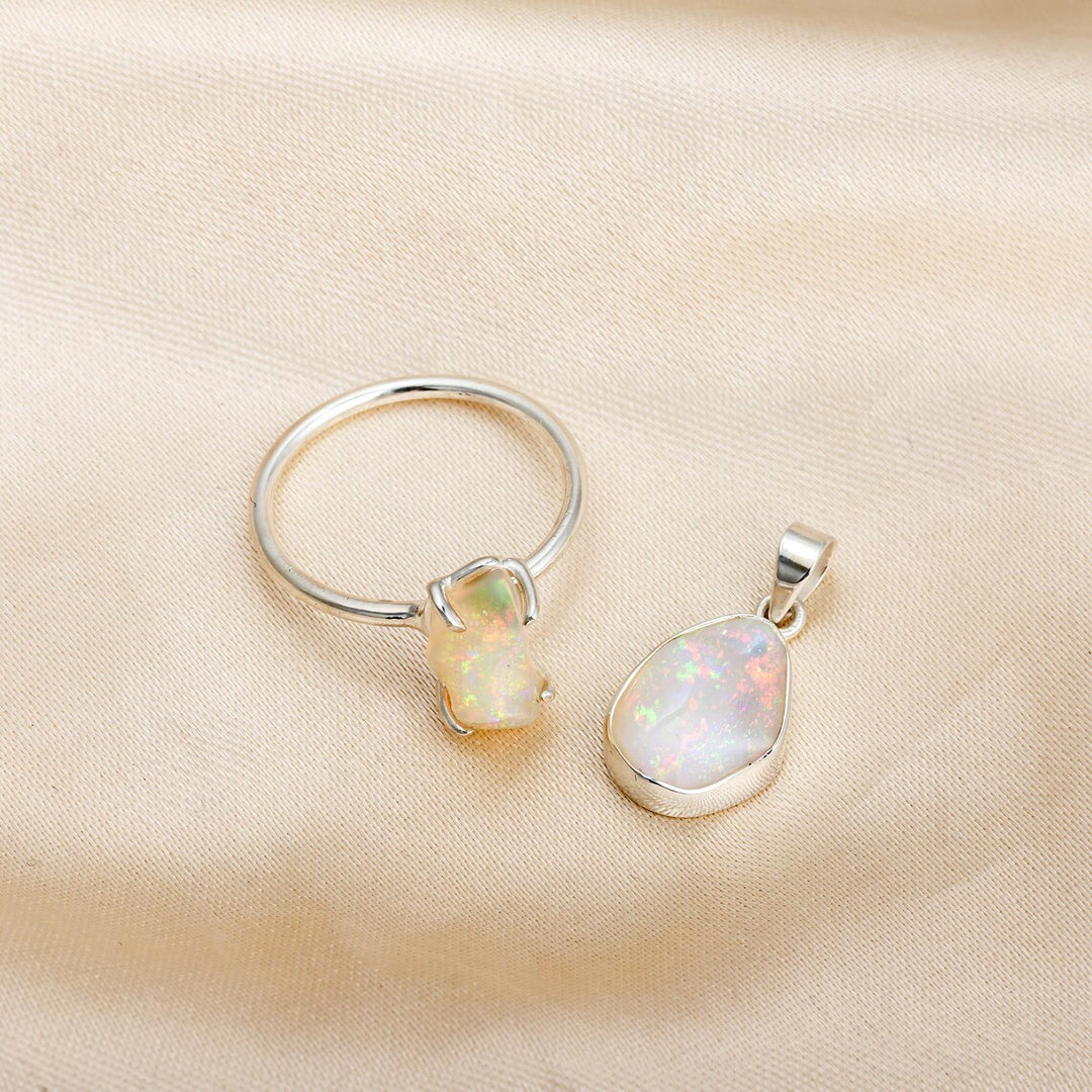 Opal Jewelry Set, Ethiopian Opal Pendant, Fire Opal Ring, Handmade Silver Jewelry, Healing Crystal, October Birthstone Jewelry, Gift For Her