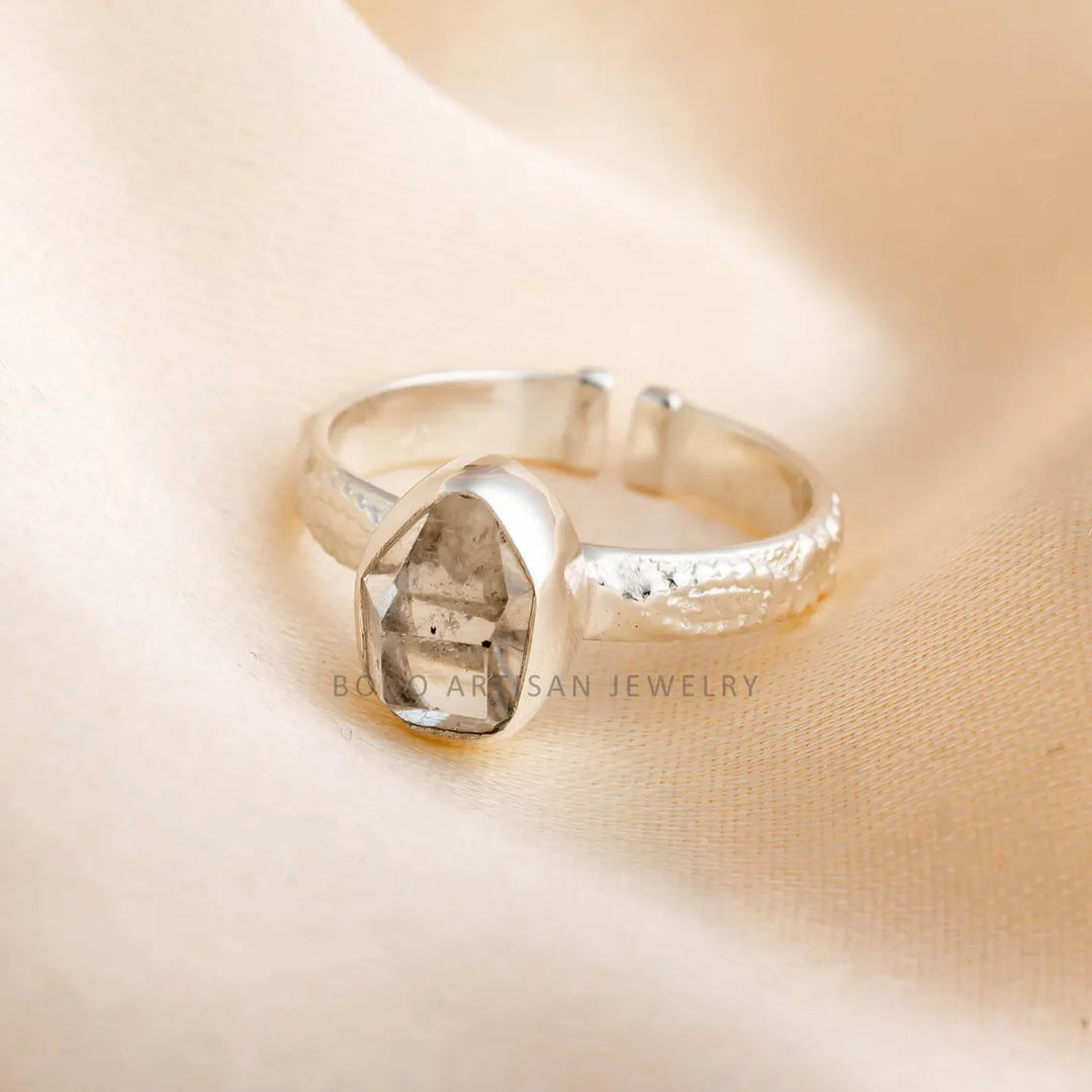Raw Herkimer Diamond Ring: Sterling Silver Floral Band, Adjustable Boho Crystal