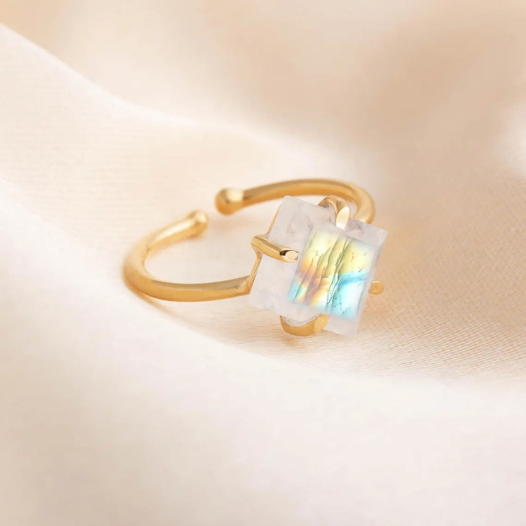 Rainbow Moonstone Gold Ring, 14K Gold Plated Ring, Adjustable Ring, Handmade Ring, Blue Fire Moonstone, July Birthstone, Gift For Women