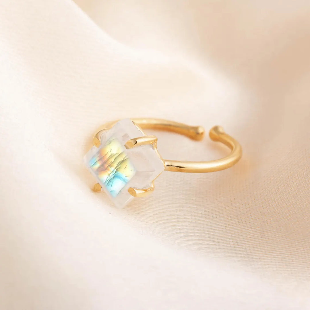 Rainbow Moonstone Gold Ring, 14K Gold Plated Ring, Adjustable Ring, Handmade Ring, Blue Fire Moonstone, July Birthstone, Gift For Women