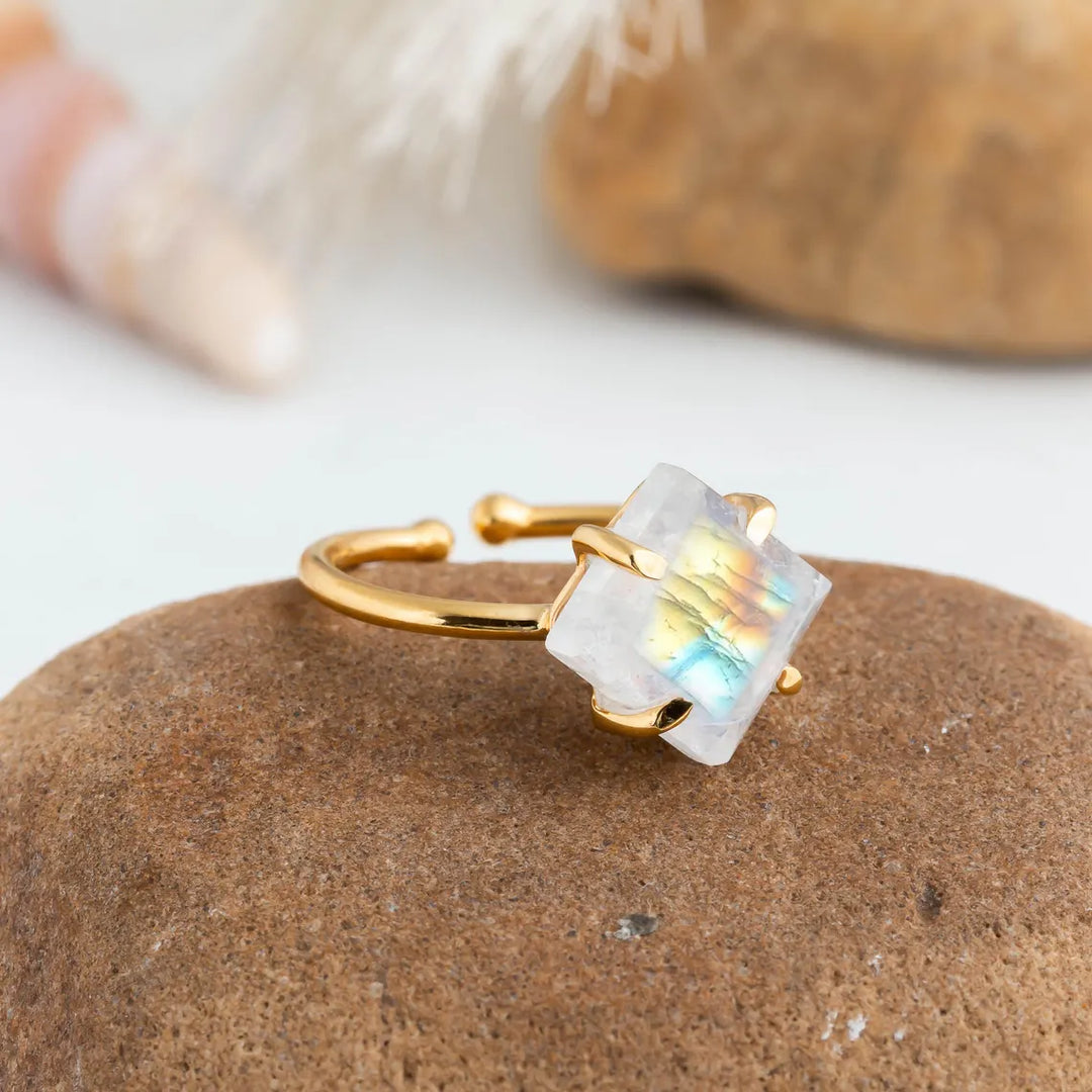 Rainbow Moonstone Gold Ring, 14K Gold Plated Ring, Adjustable Ring, Handmade Ring, Blue Fire Moonstone, July Birthstone, Gift For Women