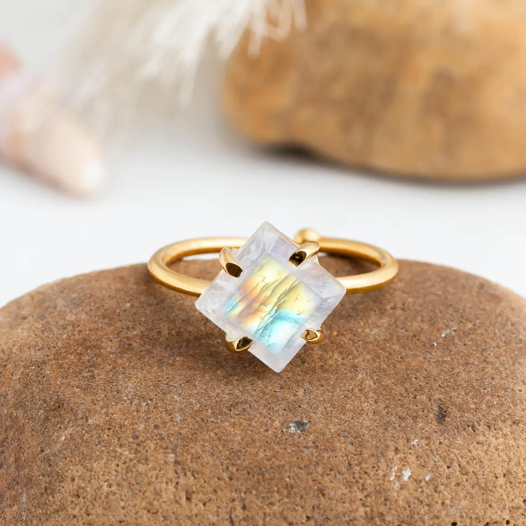 Rainbow Moonstone Gold Ring, 14K Gold Plated Ring, Adjustable Ring, Handmade Ring, Blue Fire Moonstone, July Birthstone, Gift For Women