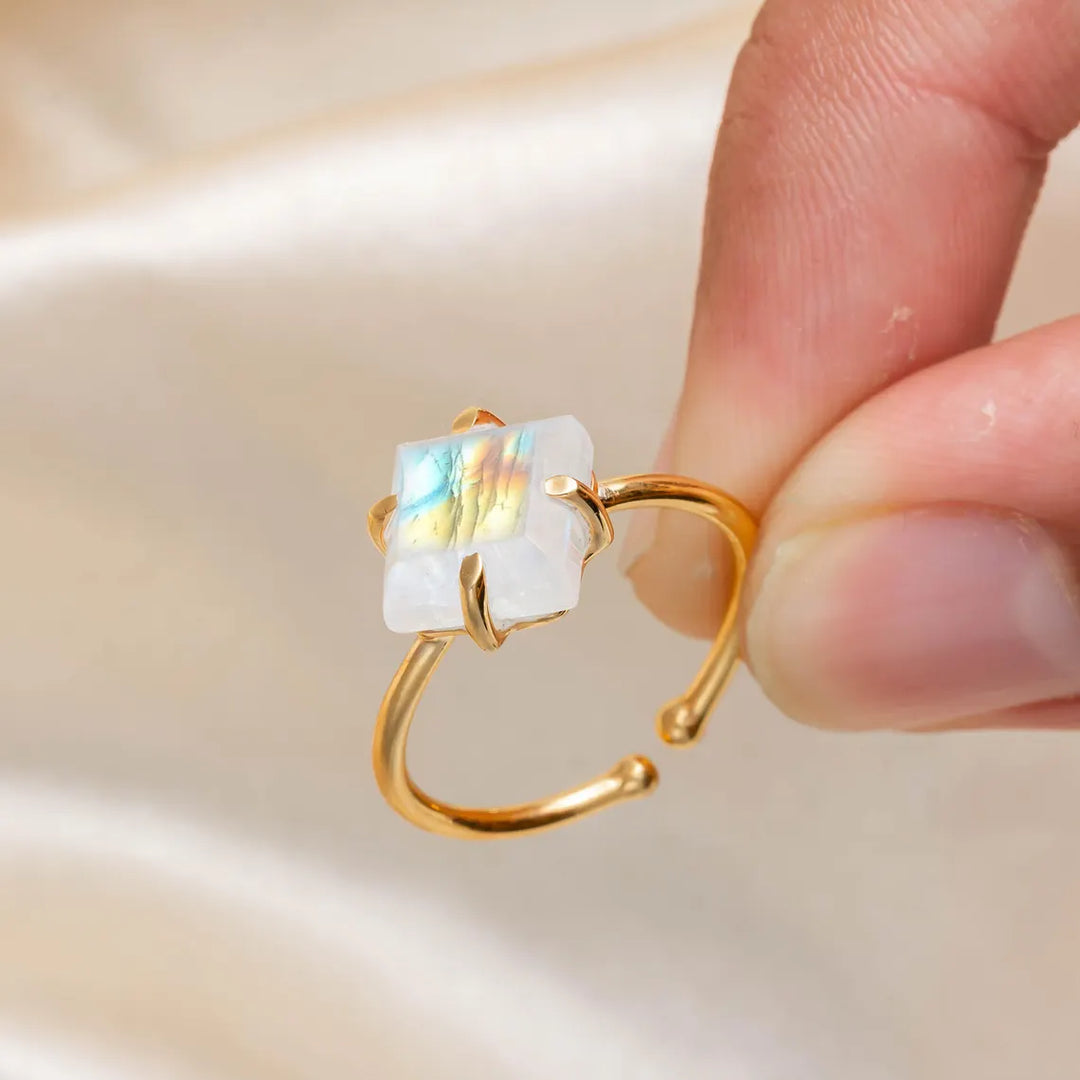 Rainbow Moonstone Gold Ring, 14K Gold Plated Ring, Adjustable Ring, Handmade Ring, Blue Fire Moonstone, July Birthstone, Gift For Women
