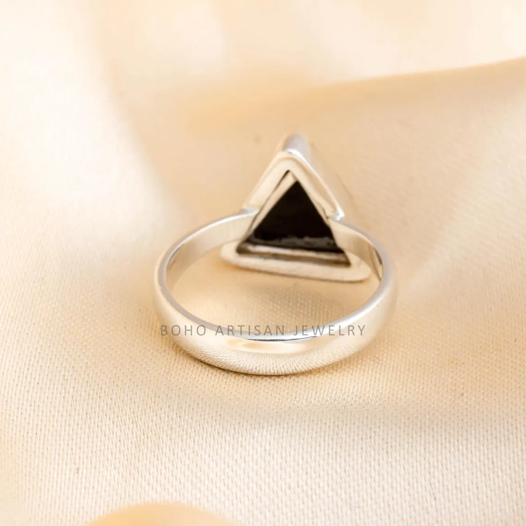 Triangle Black Agate Ring: Handmade 925 Sterling Silver Boho Jewelry