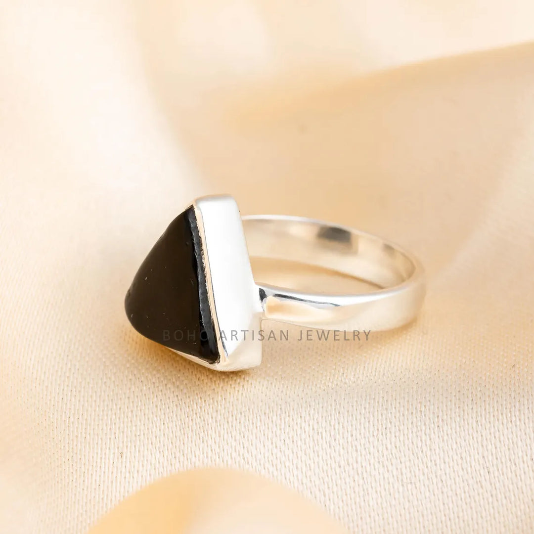 Triangle Black Agate Ring: Handmade 925 Sterling Silver Boho Jewelry