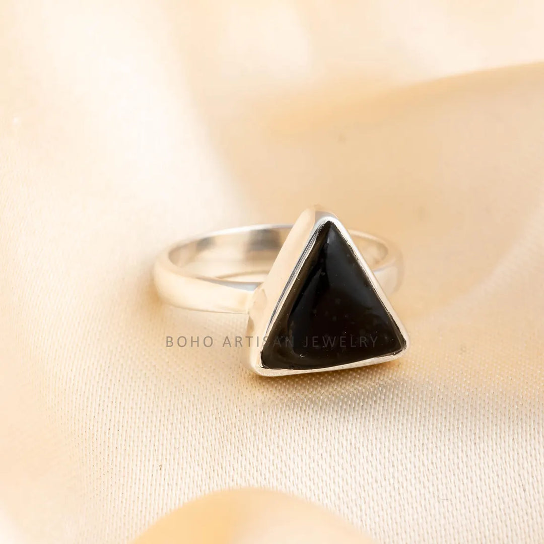 Triangle Black Agate Ring: Handmade 925 Sterling Silver Boho Jewelry