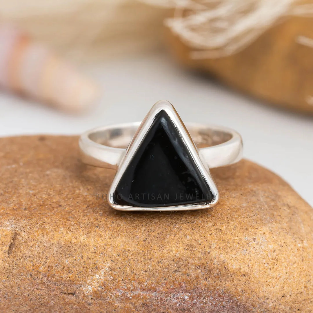 Triangle Black Agate Ring: Handmade 925 Sterling Silver Boho Jewelry