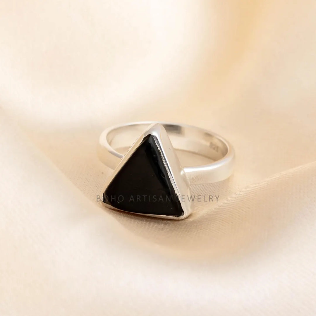 Triangle Black Agate Ring: Handmade 925 Sterling Silver Boho Jewelry