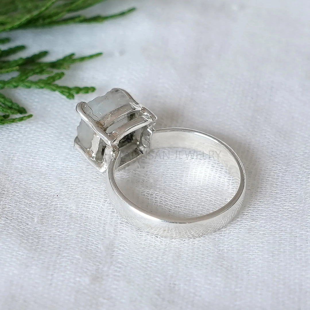 Raw Rainbow Moonstone Ring, Silver Handmade Jewelry, Blue Fire Moonstone, Boho Ring, Rough Stone Jewelry, July Birthstone, Gift For Women