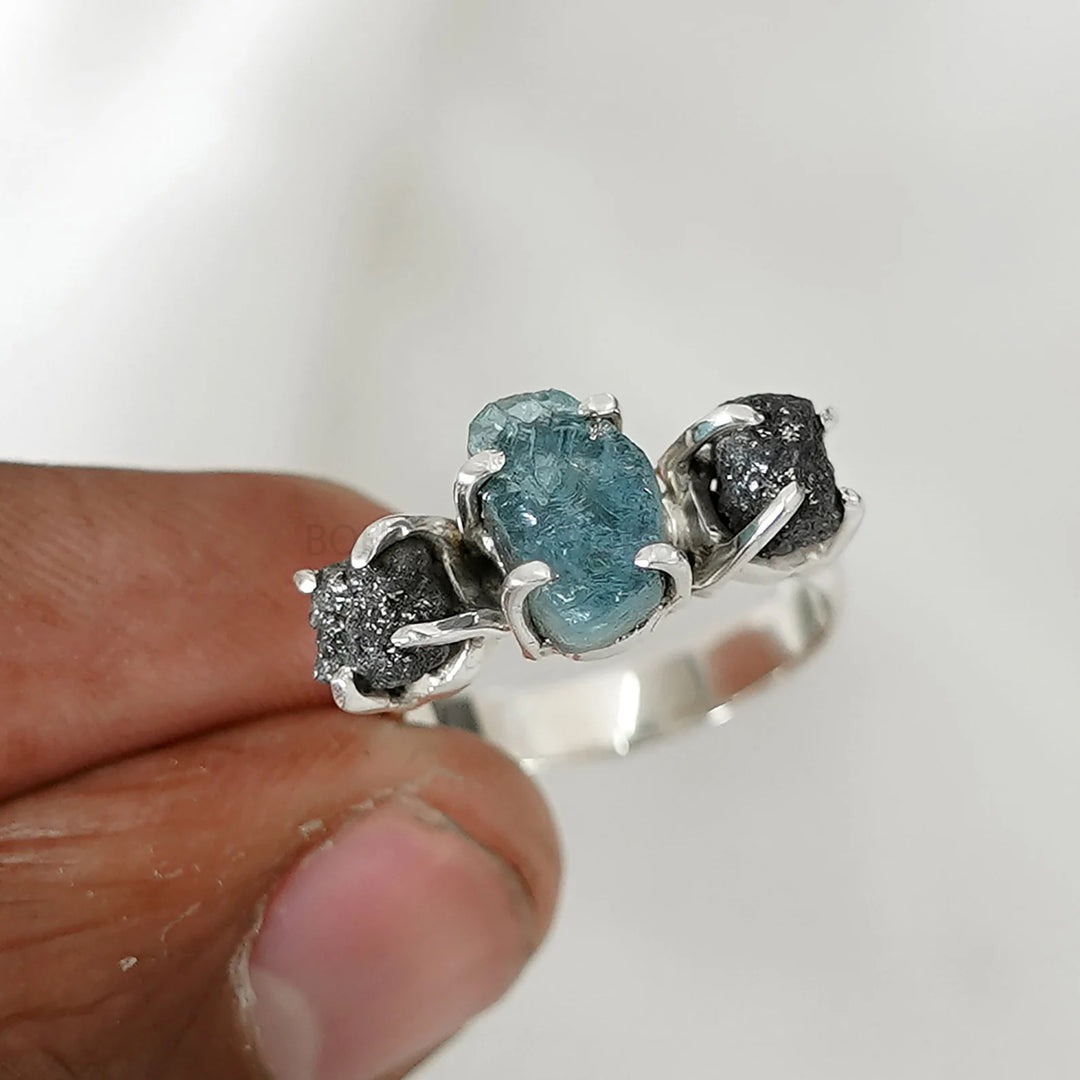 Raw Aquamarine Diamond Ring: Sterling Silver Crystal Stacking Ring