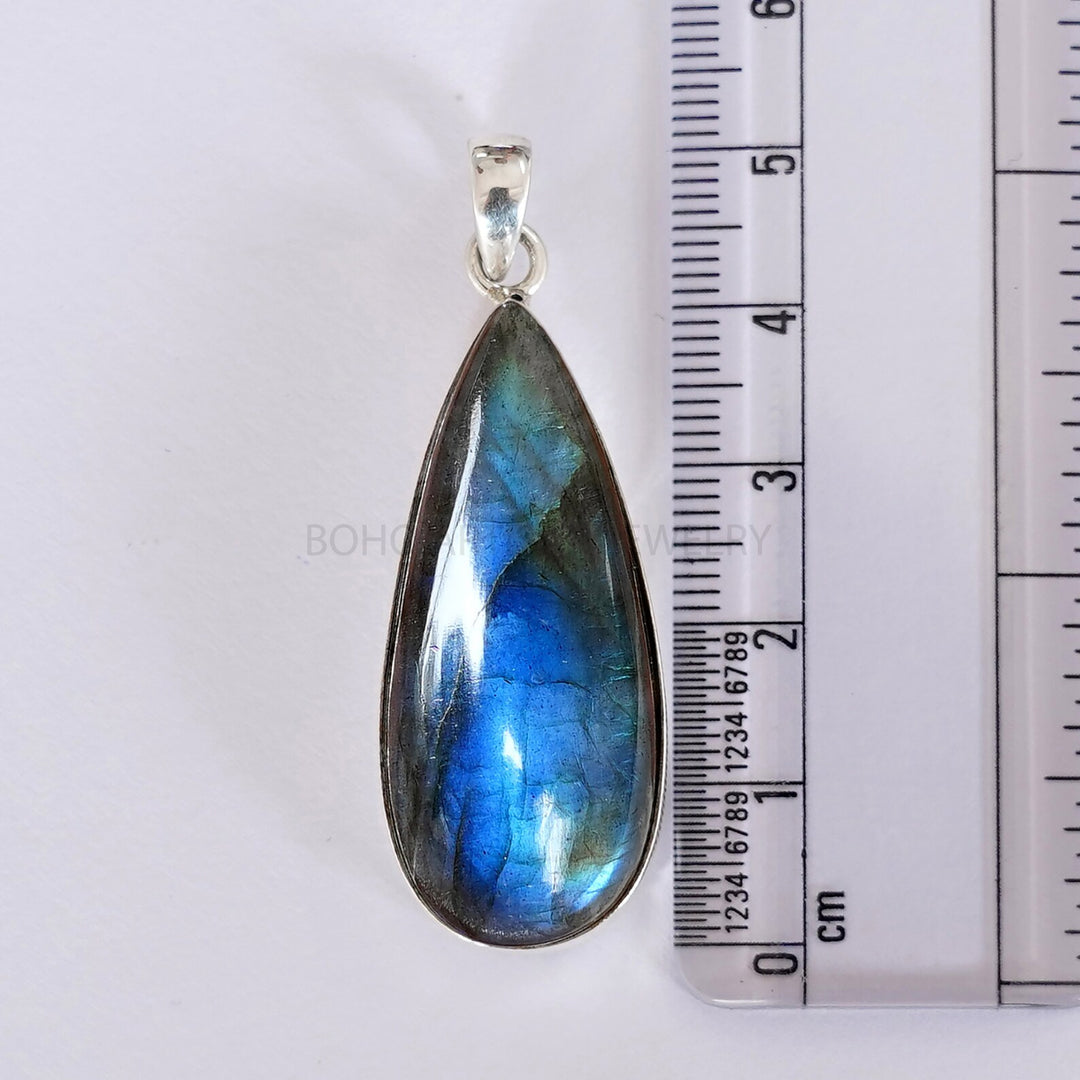 Blue Fire Labradorite Cabochon Pendant: 925 Sterling Silver Boho Charm