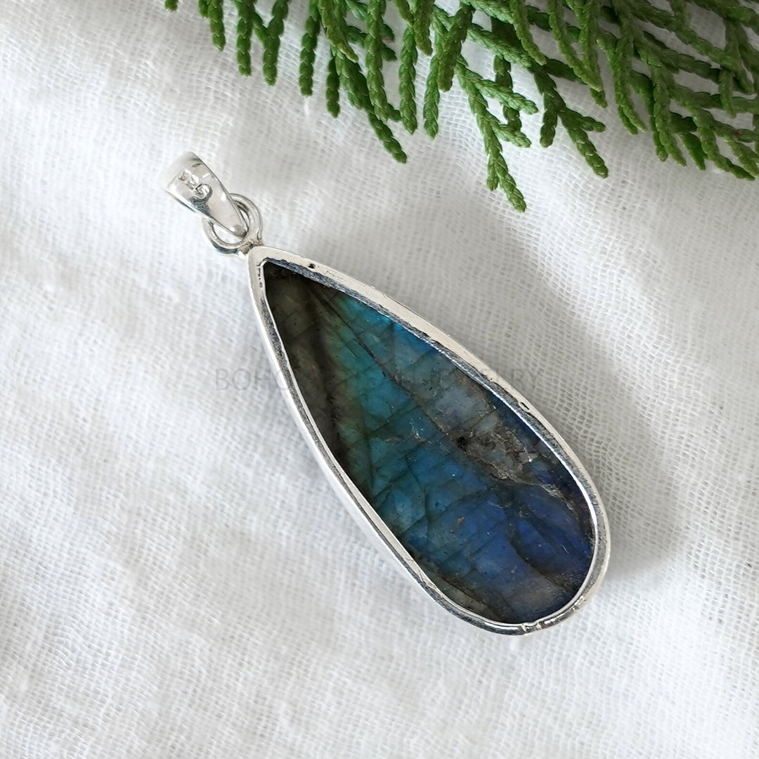 Blue Fire Labradorite Cabochon Pendant: 925 Sterling Silver Boho Charm