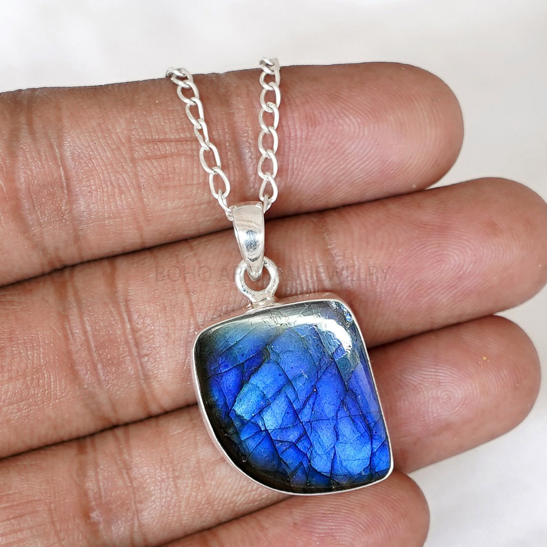 Blue Fire Labradorite Cabochon Pendant: 925 Sterling Silver Boho Charm