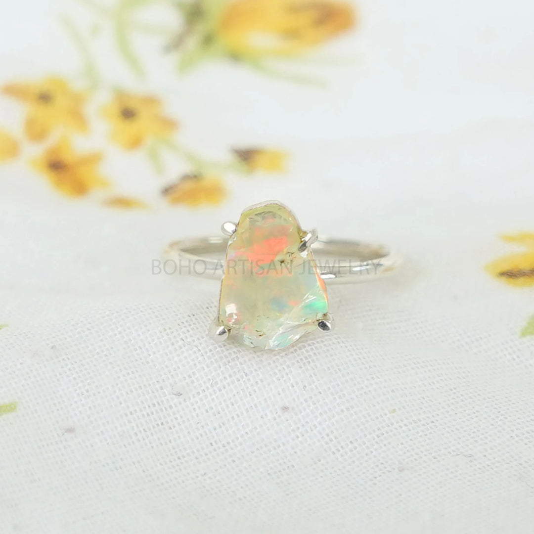 Raw Opal Ring, Fire Opal Ring, October Birthday Gift, Raw Stone Jewelry, Opal Ring For Women, Engagement Ring - Unique Gift For Her