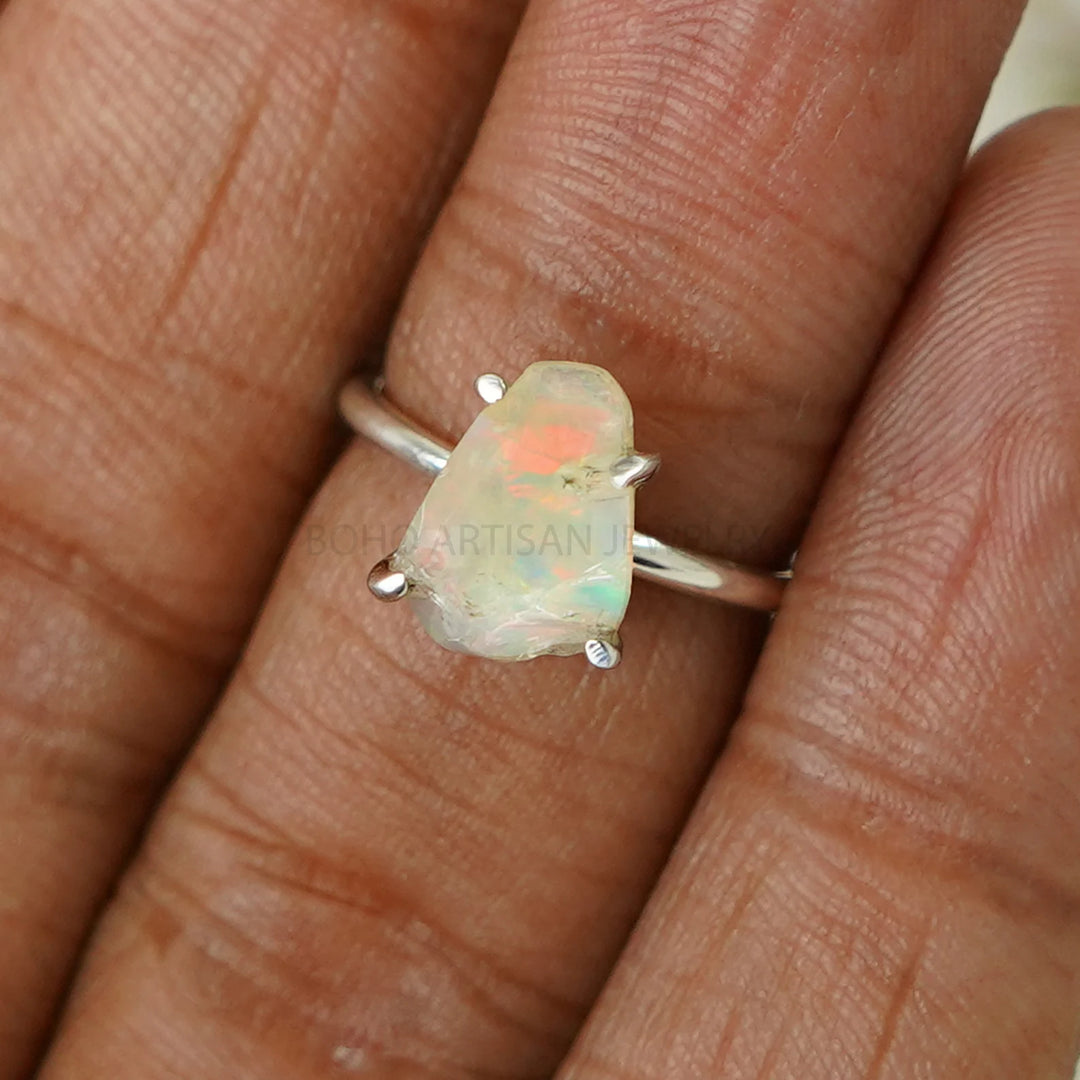 Raw Opal Ring, Fire Opal Ring, October Birthday Gift, Raw Stone Jewelry, Opal Ring For Women, Engagement Ring - Unique Gift For Her