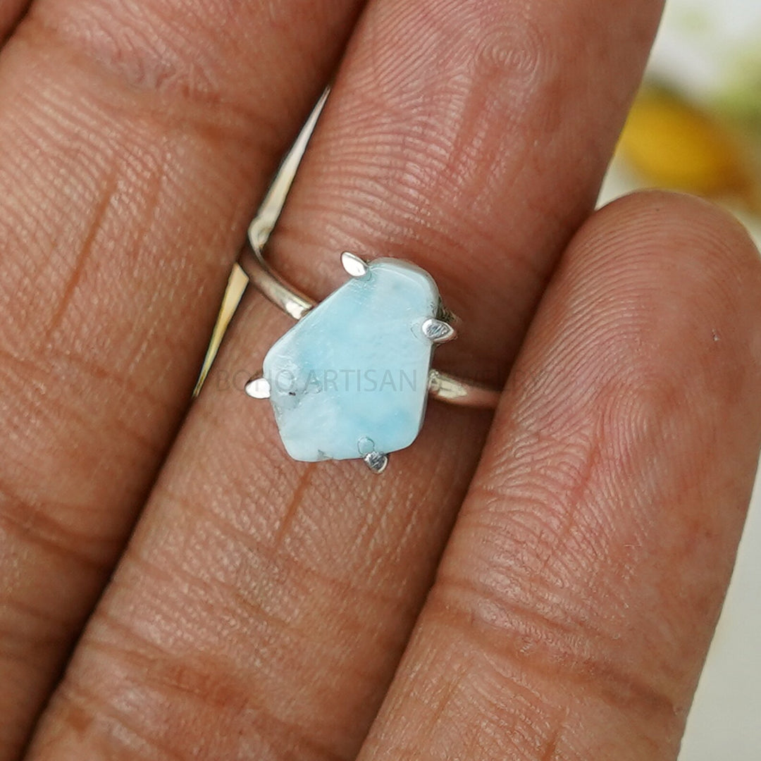 Natural Larimar Ring: Handmade Sterling Silver Boho Jewelry