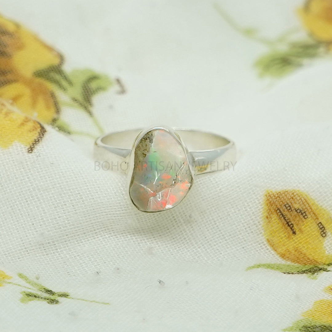 Raw Fire Opal Ring, Ethiopian Opal Ring, October Birthday Gift, Raw Stone Jewelry, Ring For Women, Engagement Ring - Gift For Her
