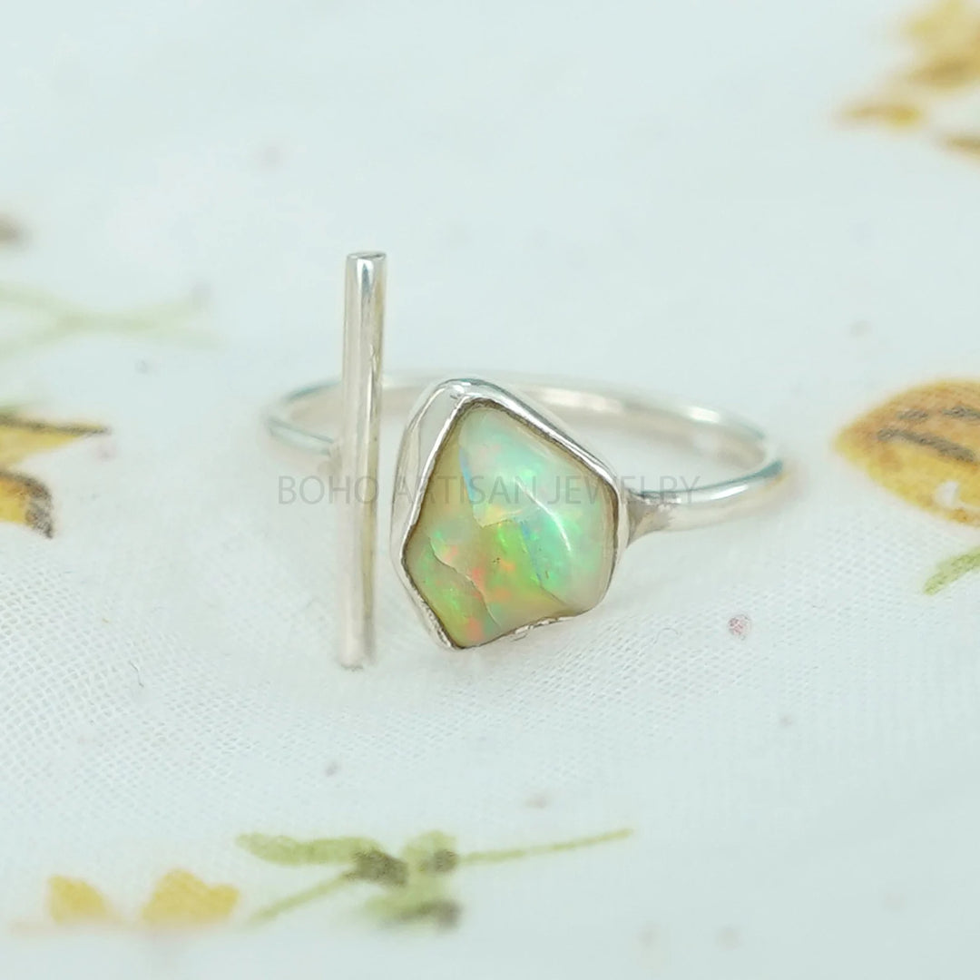 Raw Ethiopian Opal Ring: Sterling Silver Adjustable Band, Boho Jewelry