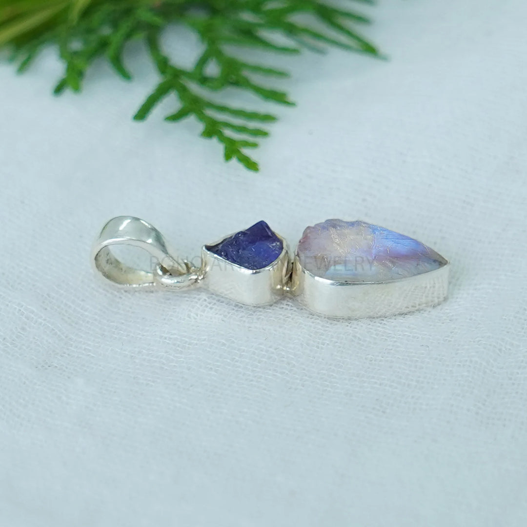 Raw Moonstone Tanzanite Pendant: Sterling Silver Two Stone Jewelry