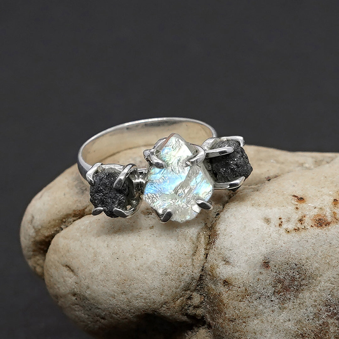 Raw Moonstone Diamond Ring: Handmade 925 Sterling Silver Boho Ring