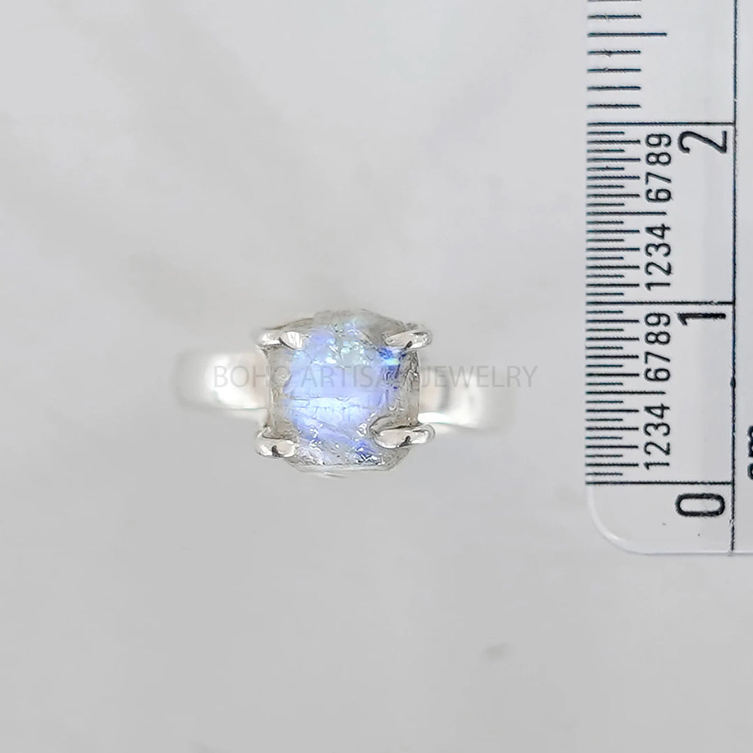 Raw Rainbow Moonstone Ring, Silver Handmade Jewelry, Blue Fire Moonstone, Boho Ring, Rough Stone Jewelry, July Birthstone, Gift For Women