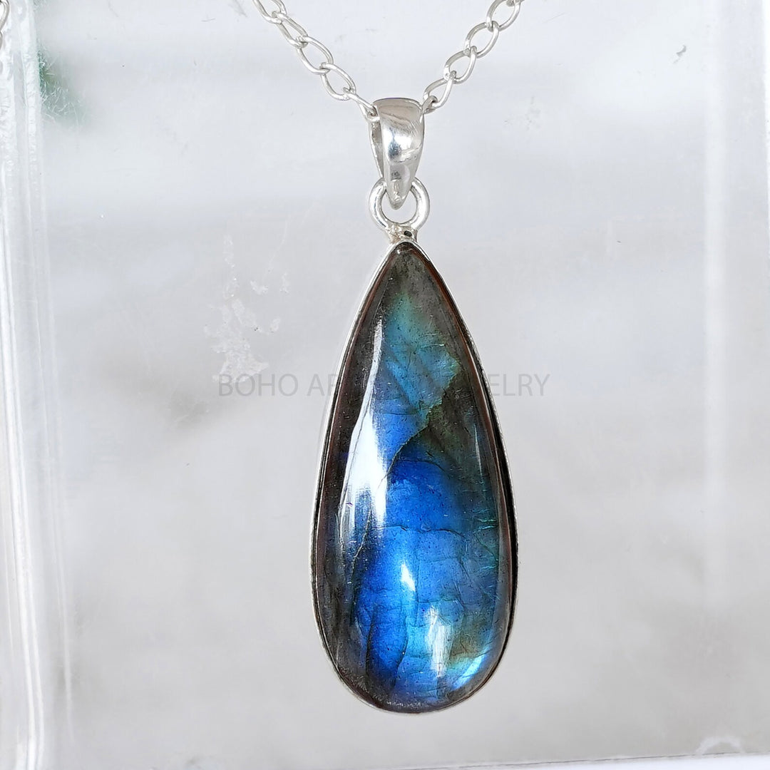 Blue Fire Labradorite Cabochon Pendant: 925 Sterling Silver Boho Charm