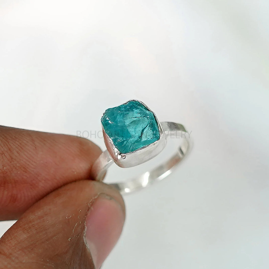 Raw Blue Apatite Ring: Sterling Silver Boho Ring, Handmade Jewelry