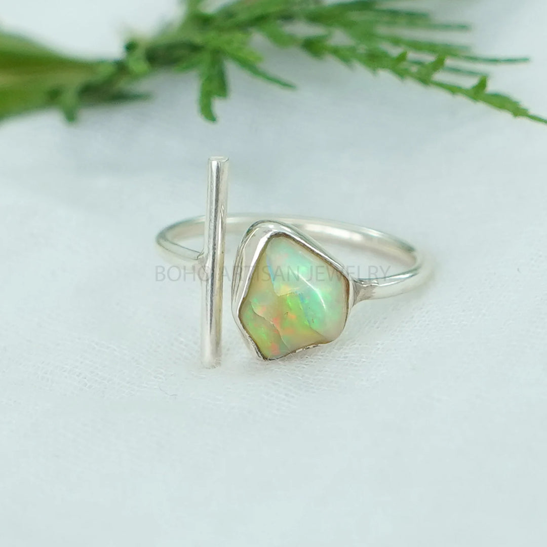 Raw Ethiopian Opal Ring: Sterling Silver Adjustable Band, Boho Jewelry