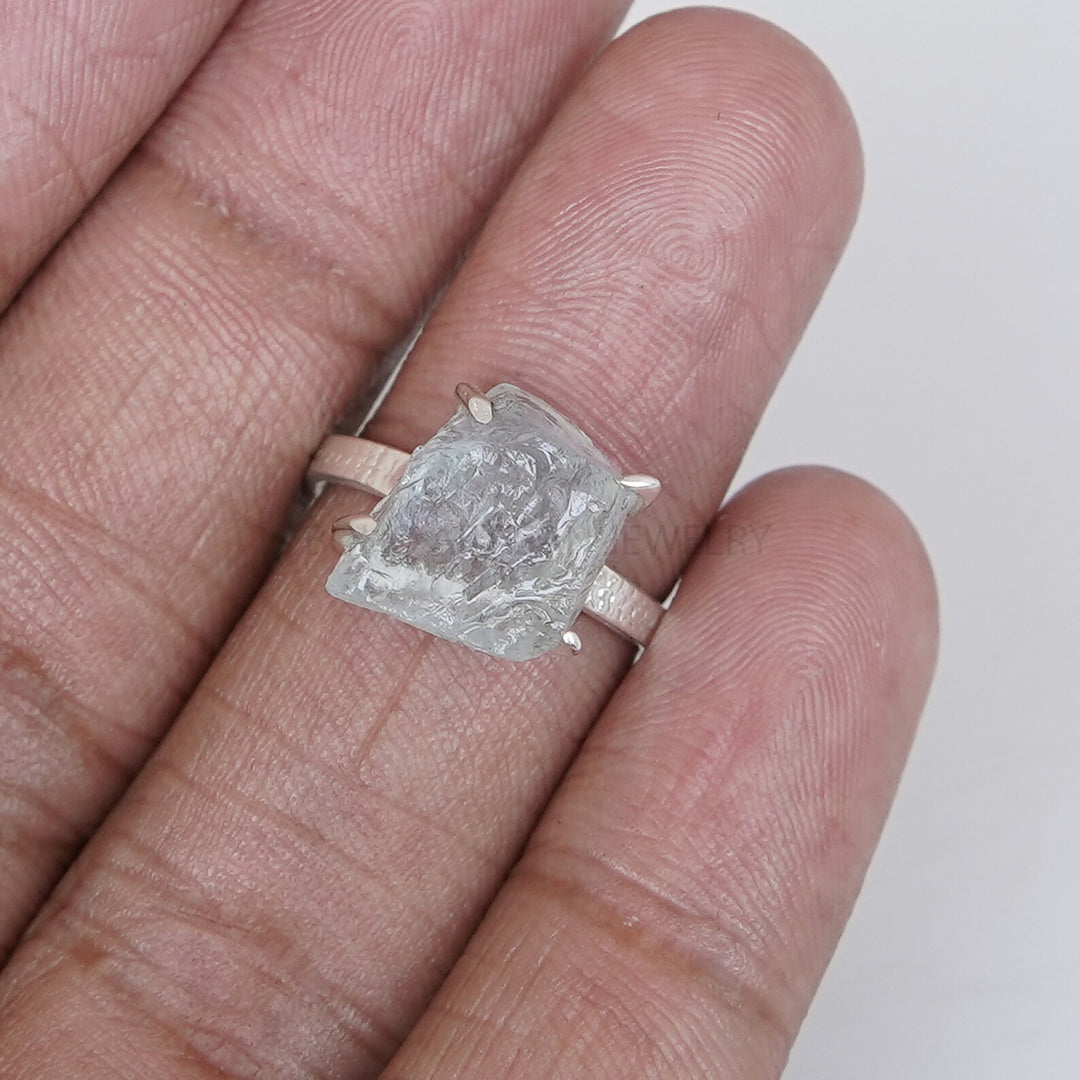 Raw Aquamarine Ring: Sterling Silver Textured Band, March Birthstone